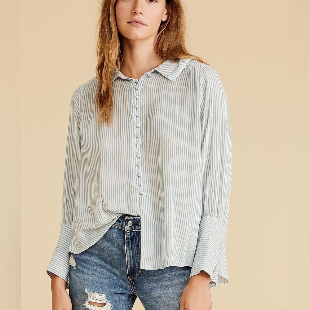 Free people flowy blue stripe bell sleeve button down blouse
